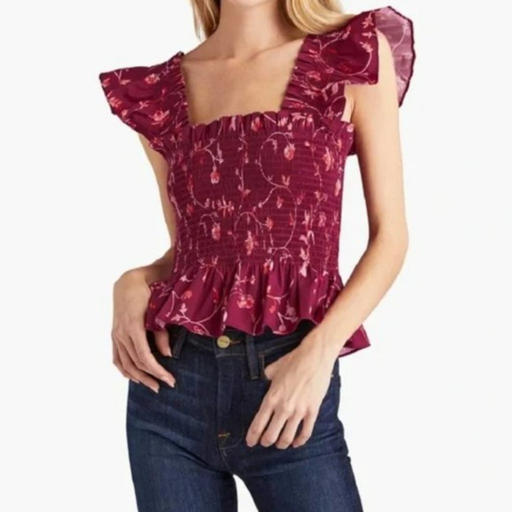 Hill House The Paz Peplum Top Burgundy Botanical Red